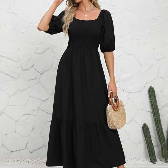 Summer Boho Smocked Maxi Dress Women Floral Tiered Flowy Casual Beach - Picture 7 of 9